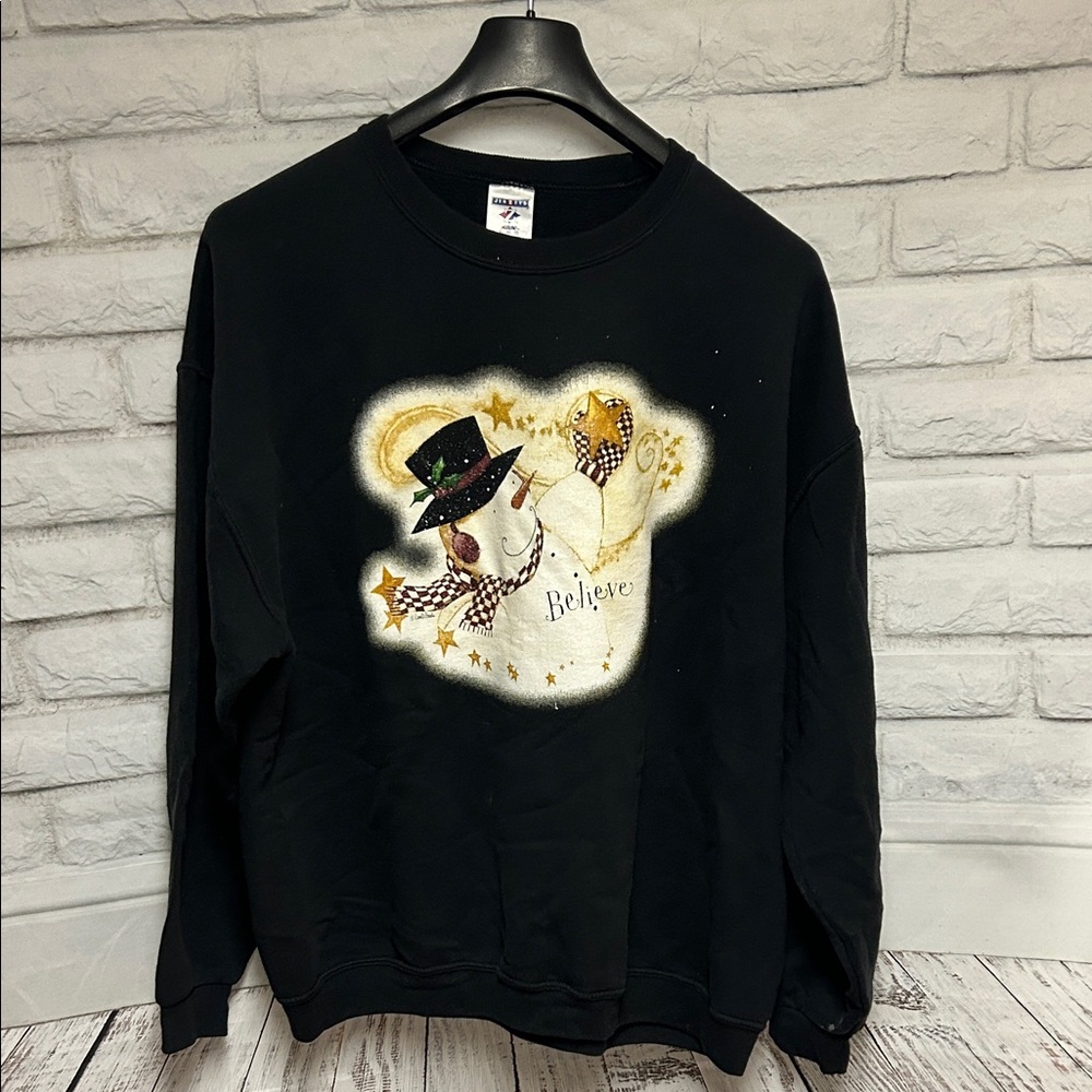 Vintage Seamless Jerzees Black Snowman Sweater BELIEVE XL Crewneck